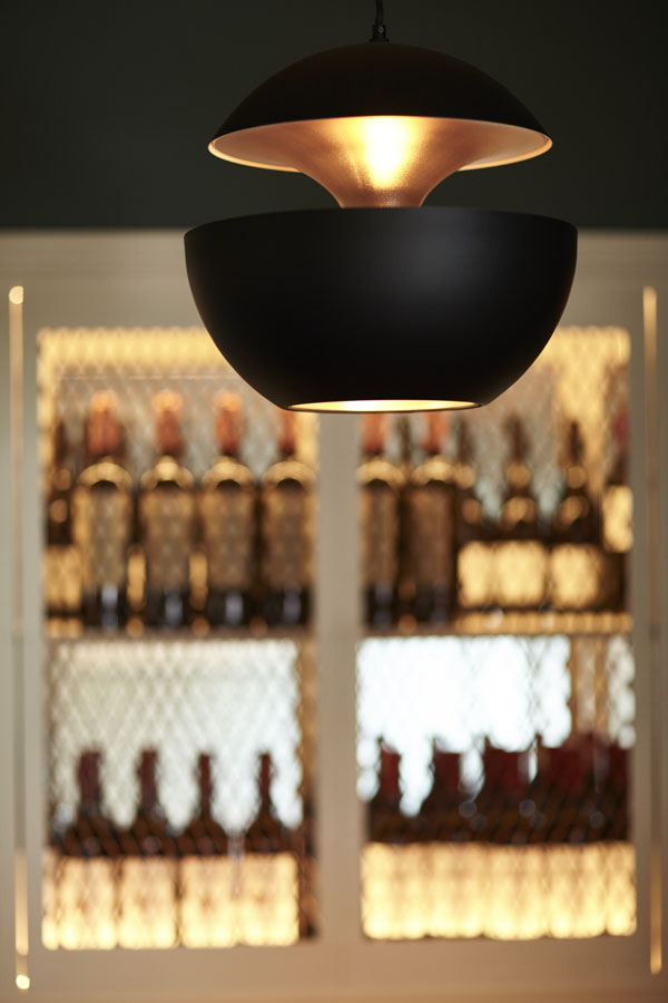 Bar area drinks seating pendant light, beautiful drinks display cabinate